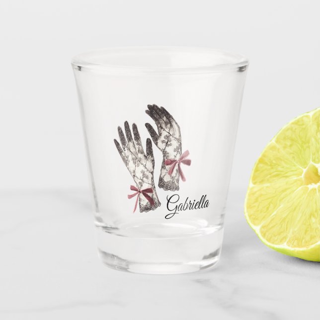 Copo De Shot Black White Lace Gloves Burgundy Bow (Frente)