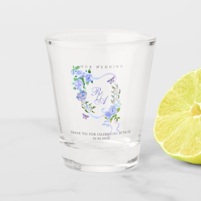 Copo De Shot Blue Rose Ribbon Monogram Wedding  (Frente)