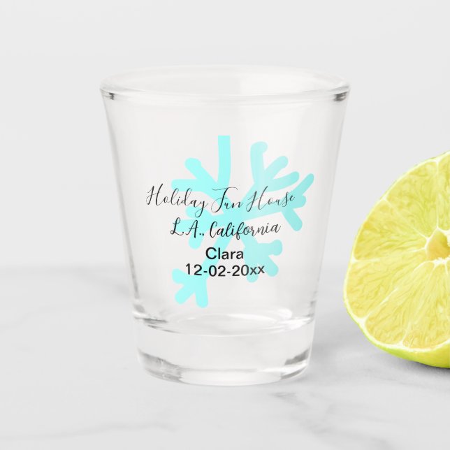 Copo De Shot Blue snowflakes holiday camping house place date (Frente)