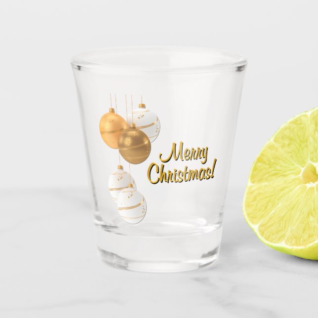 Copo De Shot Bolas de Natal Douradas e Brancas com Texto Person (Frente)