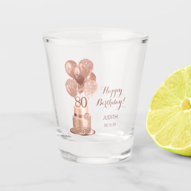 Copo De Shot Bolo Dourado de Rosa de Aniversário de 80 (Frente)