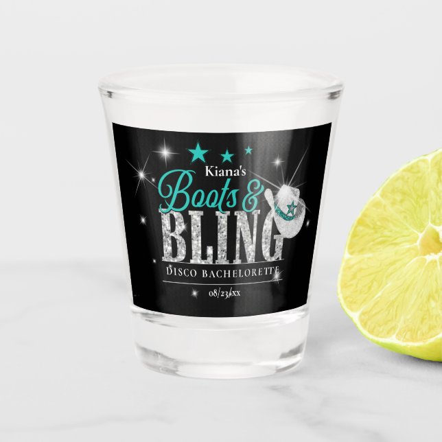 Copo De Shot Boots 'n Bling Disco Bachelorette Teal Black ID925 (Frente)
