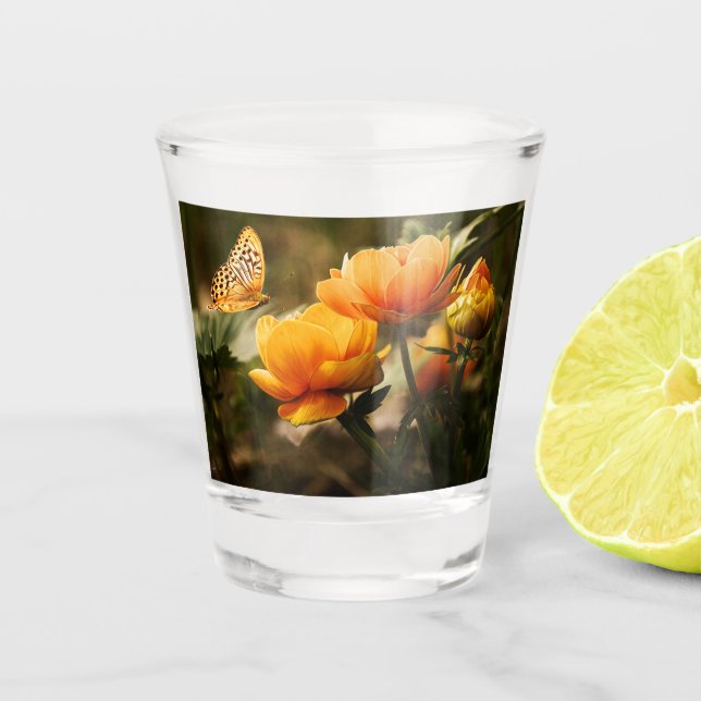 Copo De Shot Borboleta Laranja e Flores (Frente)