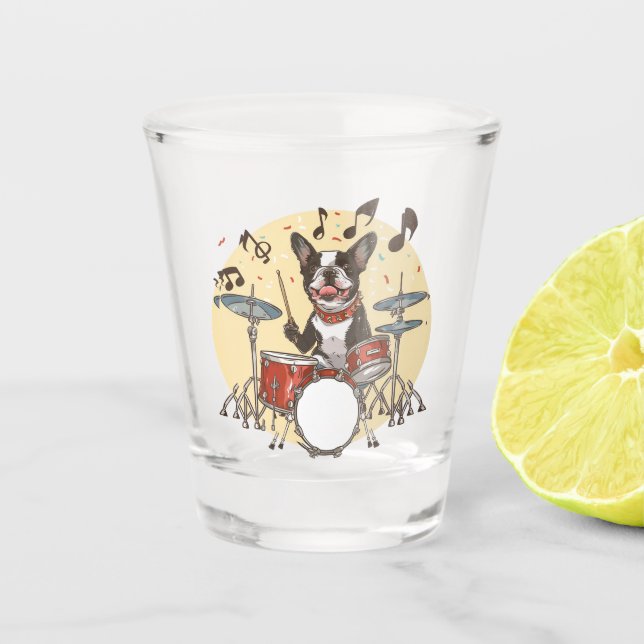 Copo De Shot Boston Terrier Dog Playing Drums (Frente)