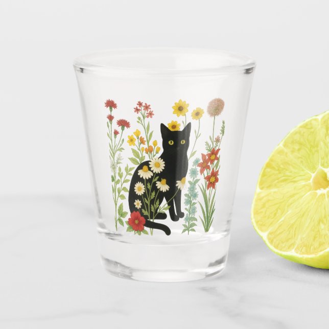 Copo De Shot Botanical Nature – Black Cat in Wildflower Garden (Frente)