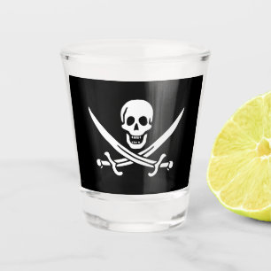 Copo De Shot Branco, Bandeira Pirata Calico Jack, Caveira e Cut
