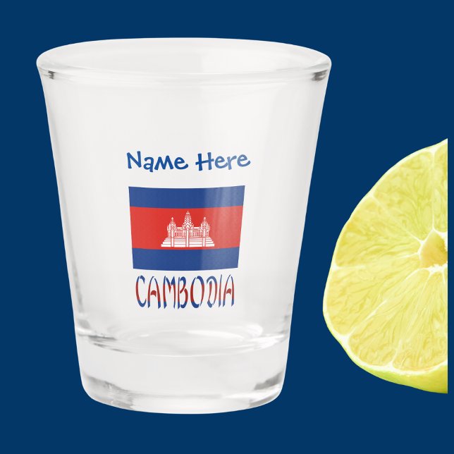 Copo De Shot Cambodja Flag Blue Personalizado (Cambodian Flag on shot glass has the word CAMBODIA below in flag colors. Add name in blue text above)