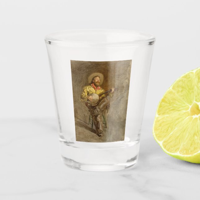 Copo De Shot Cantando Vaqueiro Espanhol w Banjo Tocando Música  (Frente)