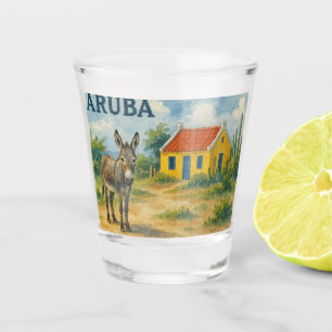 Copo De Shot Casa cunucu amarela de Aruba com burro aquarela