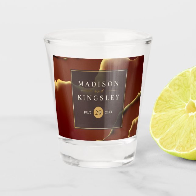 Copo De Shot Casamento 🤵 Burgundy Dourado Elegant Inky Abstrat (Frente)