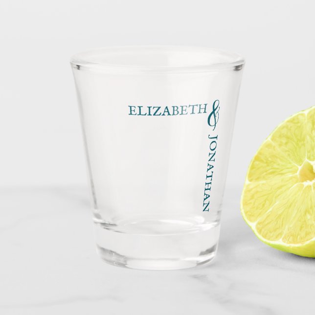 Copo De Shot Casamento da Tipografia Moderna do Teal Escuro (Frente)