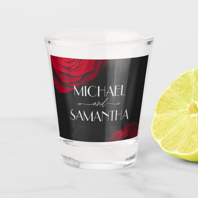 Copo De Shot Casamento de flores de pétalas com rosa vermelha d (Frente)