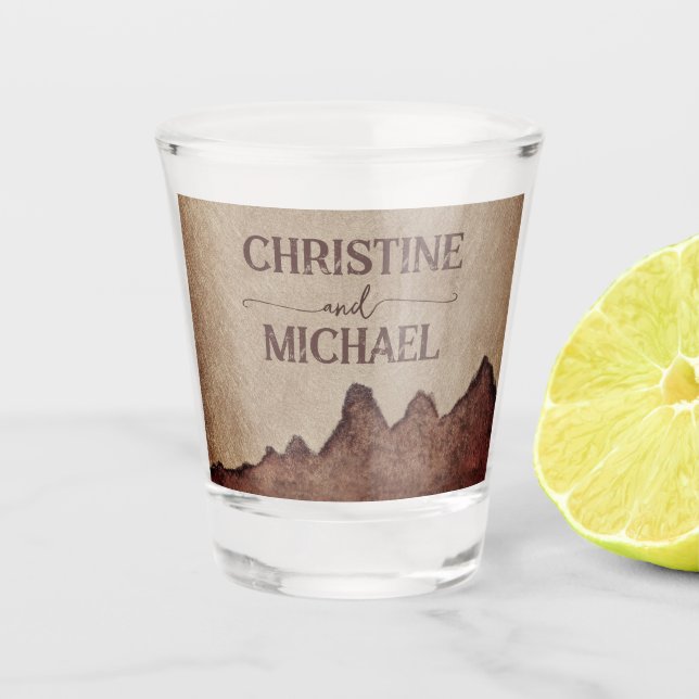 Copo De Shot Casamento de montanhas castanhas com papel rústico (Frente)