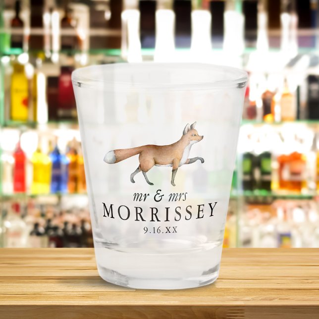 Copo De Shot Casamento de Raposa da Floresta em Aquarela Sr e S (Watercolor Woodland Fox Mr and Mrs Wedding Shot Glass)