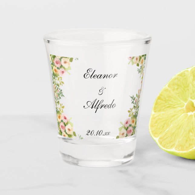 Copo De Shot Casamento de Rosa em Aquarela  (Frente)