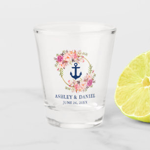 Copo De Shot Casamento Dourado Floral Rosa-Cor Azul-Náutico