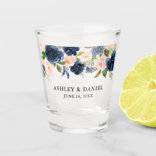 Copo De Shot Casamento floral azul cor-de-rosa da aguarela