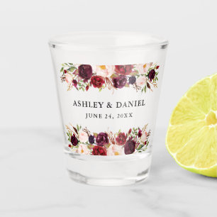 Copo De Shot Casamento Floral de Burgundy Watercolor