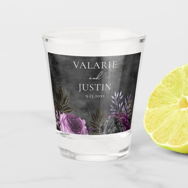 Copo De Shot Casamento Floral Púrpura e Preto (Frente)