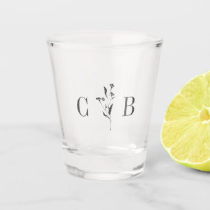 Copo De Shot Casamento Inicial Simples Monograma Branco Botânic
