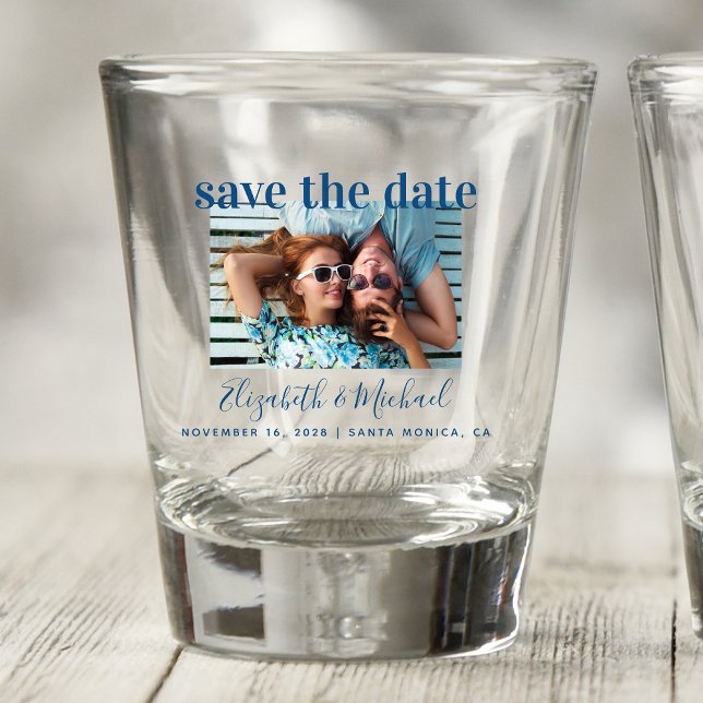 Copo De Shot Casamento Salve a data Foto Azul Vidro (Criador carregado)