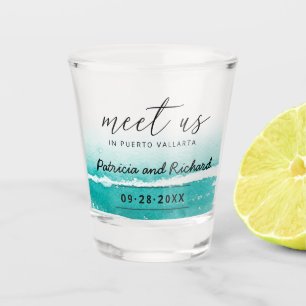 Copo De Shot Casamento Tropical de Destino Teal Salve a Data