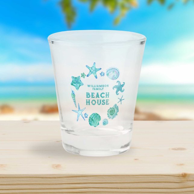 Copo De Shot Cascas Costeiras Azuis e Starfish Beach House (Blue Coastal Seashells and Starfish Beach House Shot Glass)