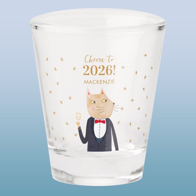 Copo De Shot Cat Cheers to 2026 New Year Personalized Name (Fun Cat in Tuxedo Suit personalized custom name and text Cheers to 2026 New Year shot glass)