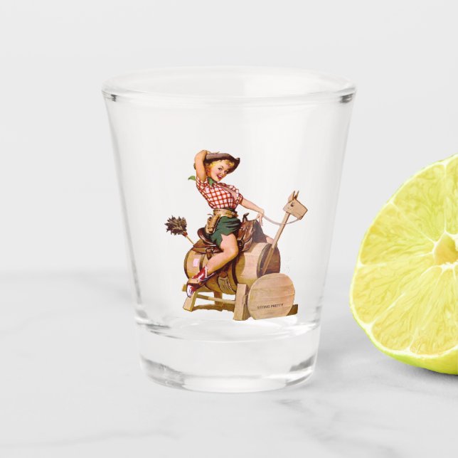 Copo De Shot Cavalo de madeira Sittin da vaqueira ocidental do (Frente)
