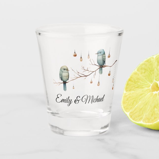 Copo De Shot Celebração Rustic Woodland Love Birds (Frente)