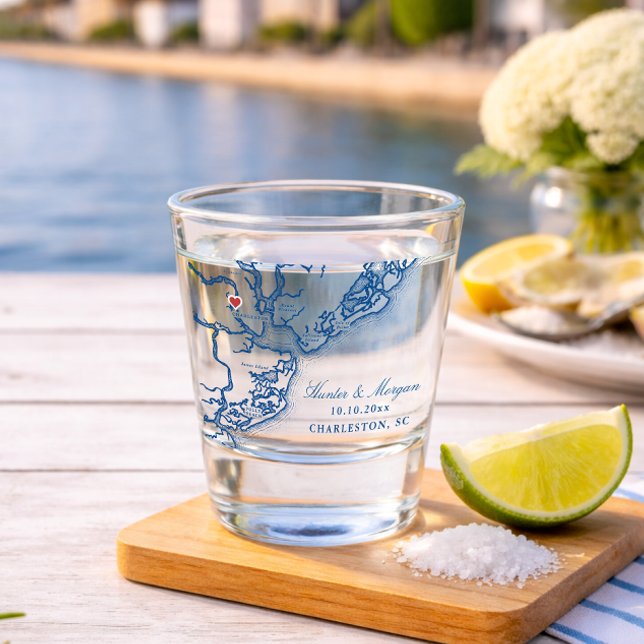 Copo De Shot Charleston SC Map Elegante Marinho Blue Weding Fav (Charleston SC Map Wedding Shot Glass Coastal Chic Lowcountry Wedding Favor Coastal Map Designs)