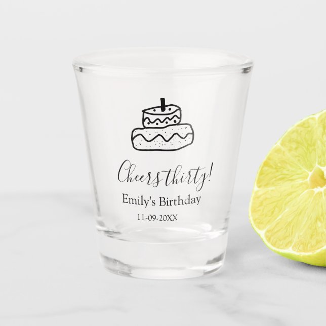 Copo De Shot Cheers thirty birthday cake black scribble hand (Frente)