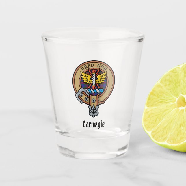 Copo De Shot Clan Carnegie Crest sobre Tartan (Frente)