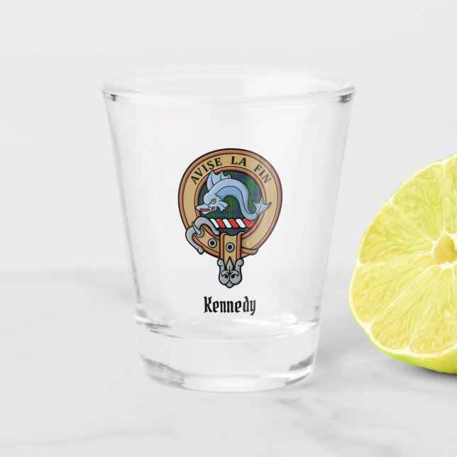 Copo De Shot Clan Kennedy Crest sobre Tartan (Frente)