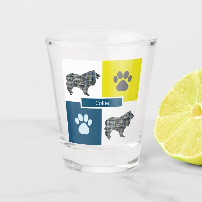 Copo De Shot Collie Rough Dog Silhout & Paw Y&B Grid (Frente)