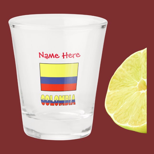 Copo De Shot Colômbia e Personalização Vermelha das Bandeiras C (The Colombian flag on a shot glass with the word COLOMBIA below in the flag colors. Add  name above.)