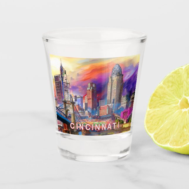 Copo De Shot Colorida Cincinnati Skyline Abstrato Art (Frente)