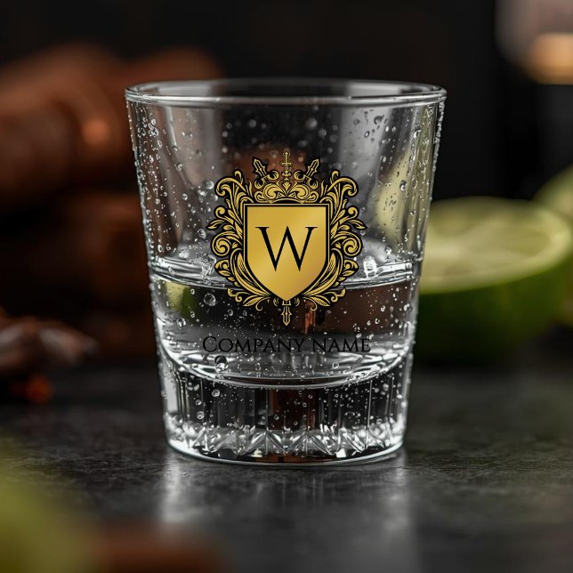 Copo De Shot Copo Elegant Crest Shot (Elegant Crest Shot glass - a golden heraldic shield icon with your monogram)