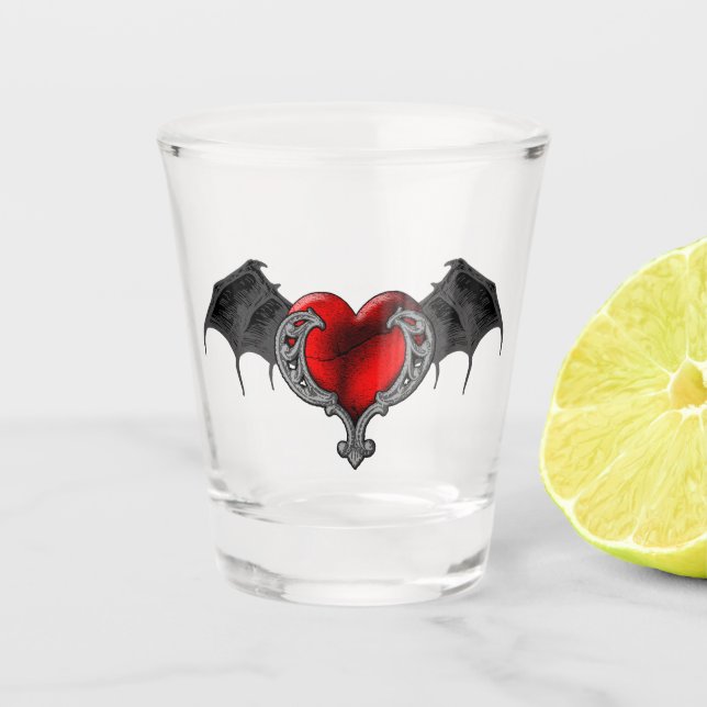 Copo De Shot Coração Vermelho gótico com Vidro-Fogo de Asas Bat (Frente)