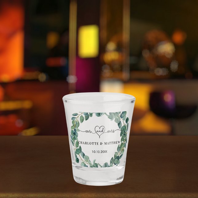 Copo De Shot Coroa de eucalipto para casamento mr mrs (Criador carregado)