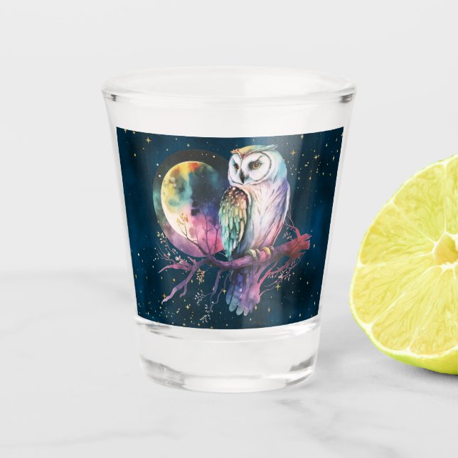 Copo De Shot Coruja Mística Arco-Íris e Lua Cheia Celestial (Frente)