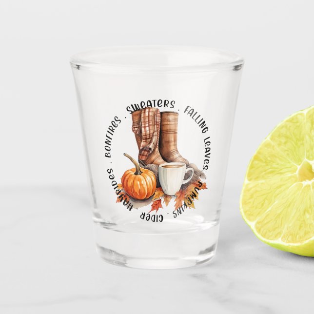Copo De Shot Cozy Fall Vibes - Boots, Pumpkin Spice, Bonfire (Frente)