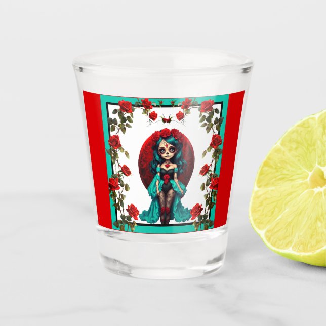 Copo De Shot Crânios de açúcar de chá e Rosas vermelhas (Frente)