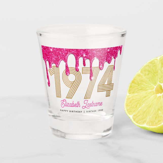 Copo de Shot de 50º Aniversário Pink Glitter Drip  (Frente)