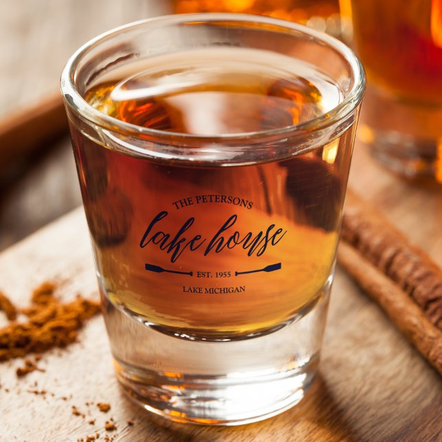 Copo De Shot Decoração Personalizada Náutica Do Aluguer Do Lago (Lake House Custom Decor Family Name Vacation Rental Rustic Navy Blue Coastal Oar)