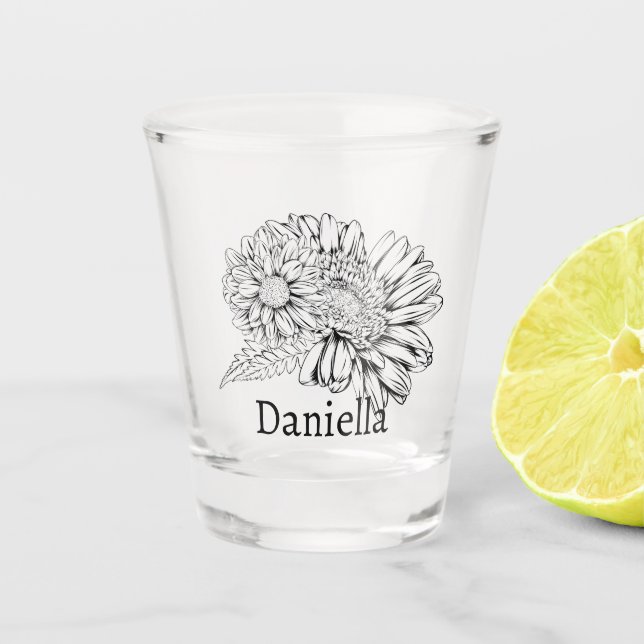 Copo De Shot Desenho em Linha Preta de Crisântemo com Seu Nome  (Frente)