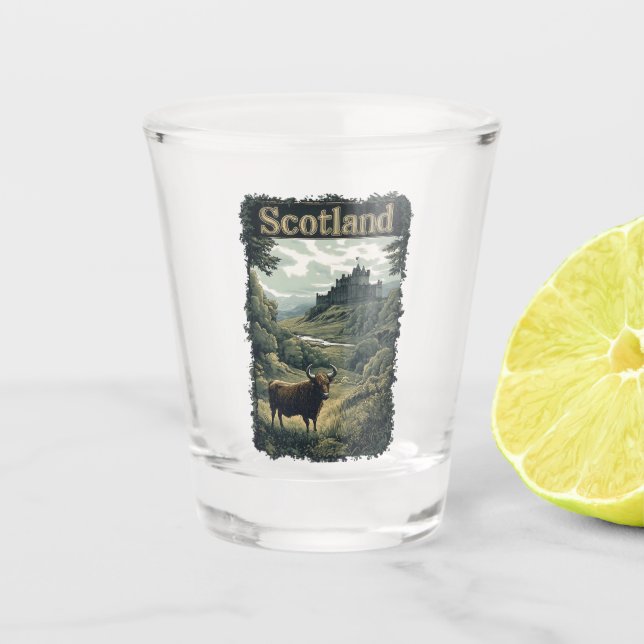 Copo De Shot Design da Escócia: Highland Cow, Castle e Scenery (Frente)