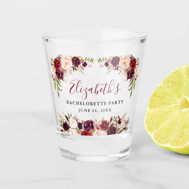Copo De Shot Despedida de Solteira Burgundy Floral Aquarela (Frente)