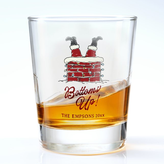Copo De Shot Divertido Feliz Natal Santa de Cabeça para Baixo A (Funny Christmas shot glass with Santa’s legs upside down in a chimney and text reading Bottoms Up)