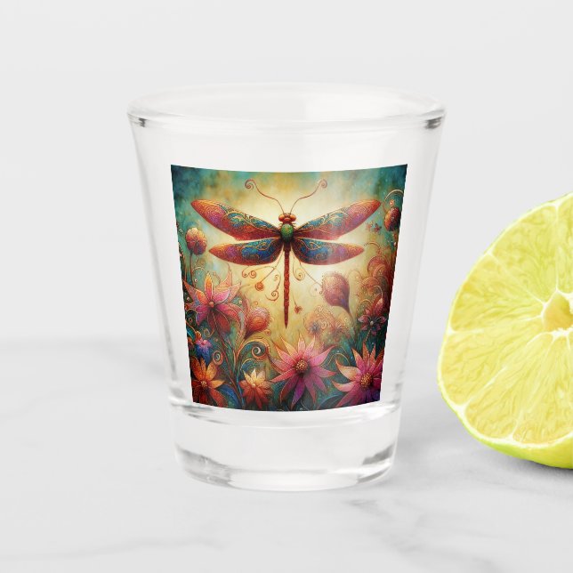 Copo De Shot Dragonfly Floral Abstrato-Art Teal Rosa (Frente)